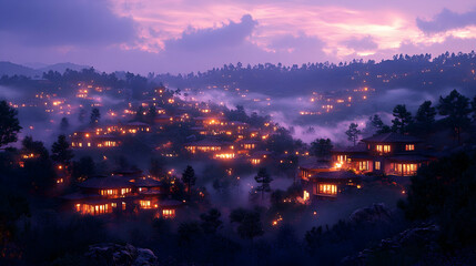 Fototapeta premium Mountain Village Lights at Dusk