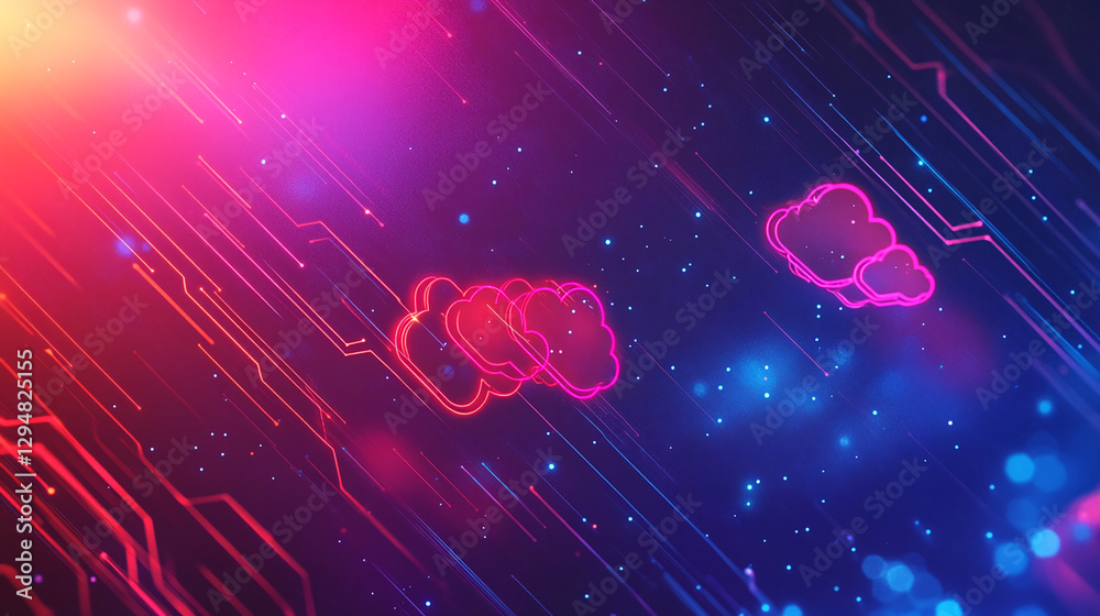 Poster Abstract neon cloud icons glowing amidst a futuristic data grid with dynamic light trails, symbolizing cloud computing, digital networks, and data exchange in a sci-fi environment.