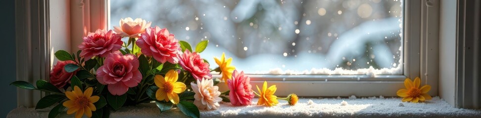 Obraz premium Lucia crown on a windowsill amidst winter flowers, swedish, flowers