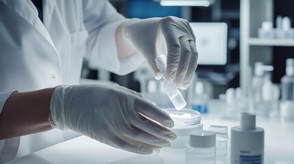 Scientist in Lab Coat Mixing Cream Cosmetic Product Development Research Science Technology Innovation Healthcare Beauty Industry White Gloves        
