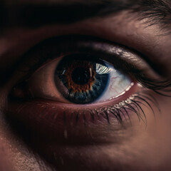 Naklejka premium Extreme close-up of human eye with intricate iris pattern and digital reflection of technology screen cyber security concept