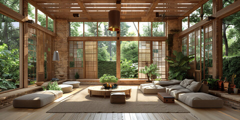 Fototapeta premium modern home interior with recycled wooden furniture, large windows letting in soft natural lighting, balanced exposure, calming green and earthy tones.