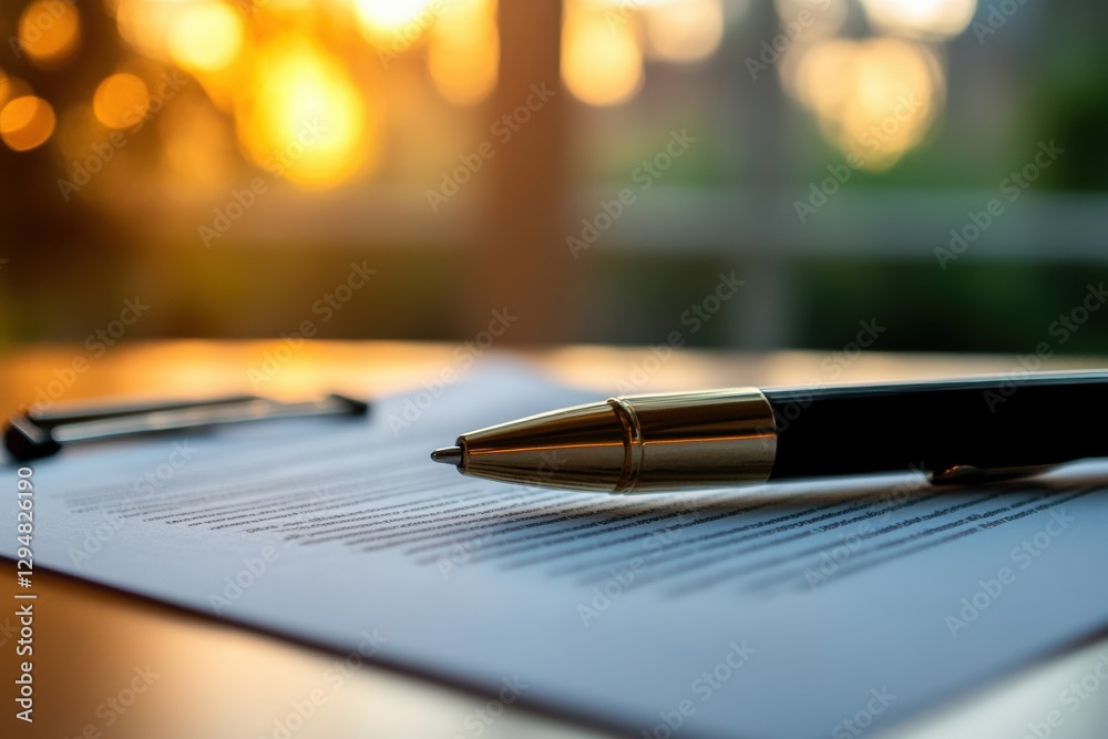 Leinwandbilder Close up of a pen resting on a document with a warm sunset in the background illuminating the workspace. Generative AI
