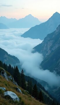 Mountainous terrain with misty fog rolling in, misty, landscape
