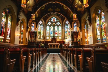 Fototapeta premium A photograph of the interior of a church, with stained glass windows and rows of pews, A traditional church ceremony with intricate stained glass windows