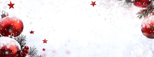 The scene depicts a winter wonderland with a panoramic nature landscape, embellished with red stars and balls as Christmas decorations, on a snowy background, creating a minimalistic banner to