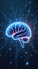 3D rendering of a human brain with digital circuit lines emanating from it against a starry cosmic background, symbolizing artificial general intelligence.