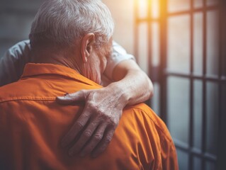 A heartfelt embrace, bridging the gap between freedom and confinement. A poignant moment captured within prison walls, showcasing the enduring power of human connection.