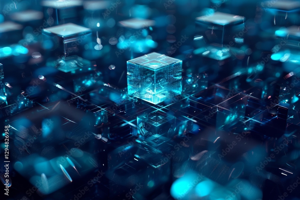 Poster a close-up image of a digital chain link, rendered in a 3d, blue-toned environment, create a represe