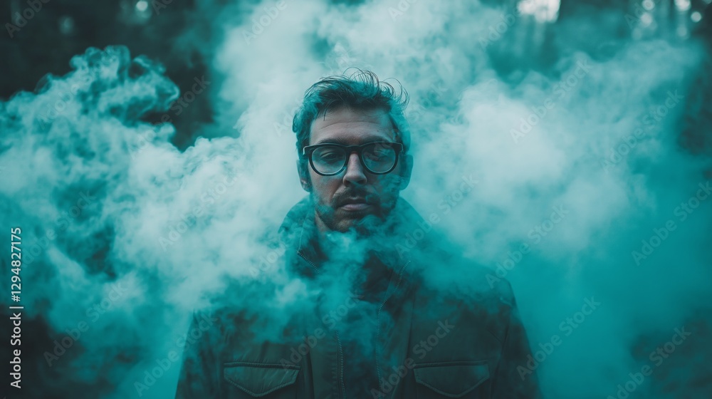 Poster A lone figure with glasses and a contemplative expression is enveloped in ethereal teal smoke. Surrounding trees create a serene backdrop as night approaches