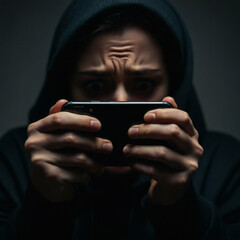 Close-up of anxious man staring intensely at smartphone screen in dim light social media addiction and stress concept