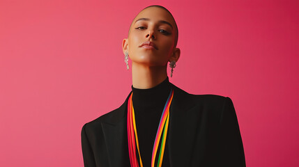 Shaved-Head Androgynous Person in a Rainbow Necklace – Bold LGBTQ+ Style