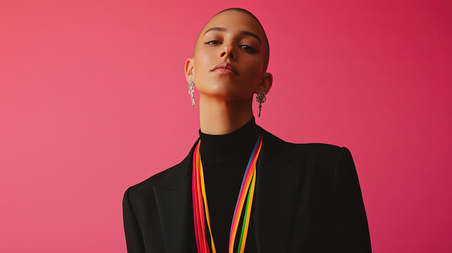 Shaved-Head Androgynous Person in a Rainbow Necklace – Bold LGBTQ+ Style