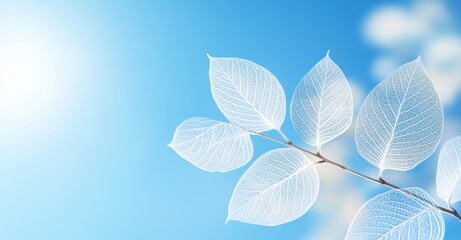 White transparent leaves are reflected on a mirror surface, set against a blue background, creating an abstract artistic image with a natural and dreamy template border