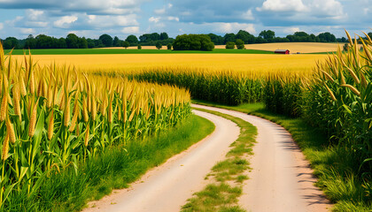 Fototapeta premium A field of corn is in the foreground and a road runs through it, sticker style. with white shades
