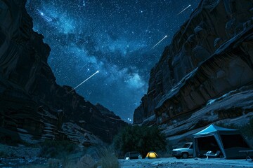 Night Sky Camping With Shooting Stars In A Canyon, A starry night sky filled with twinkling planets and shooting stars above a campsite tucked into a canyon