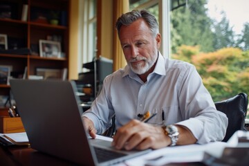 An elder man concentrating on his work while seated at his desk at home, highlighting the theme of lifelong learning and adaptation to modern work environments.