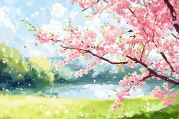 Fototapeta premium On a sunny day, the cherry tree's branches, full of flowers, glow in the sun's rays, creating a stunning spring blossom landscape in a beautiful orchard filled with spring flowers