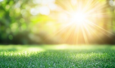 The image captures a picturesque spring landscape with a neatly trimmed lawn, trees, and a blurred background of the sky on a sunny day