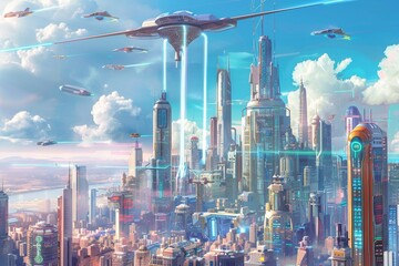 A digital painting depicting a futuristic cityscape with towering skyscrapers and flying vehicles, A futuristic cityscape with towering skyscrapers and neon lights