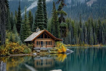 Fototapeta premium A charming log cabin sits on the edge of a peaceful lake surrounded by tall pine trees, A rustic log cabin perched on the edge of a tranquil lake