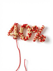 Fototapeta premium The number percent knitted with knitting needles from soft and delicate soft fabric in mix of a red beige color, on a white background. Soft, puffy, and with visible fibers, as if it were hand-spun