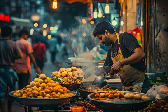 A street food vendor in India prepares dinner for hungry customers in a busy market, Capture the essence of street food vendors preparing chaat on bustling Indian streets