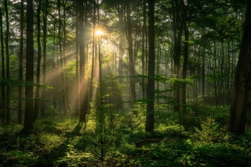 Fototapeta premium Early Morning Sunlight Filtering Through Dense Evergreen Forest, The first light of day breaking through a dense forest, creating dappled patterns on the forest floor