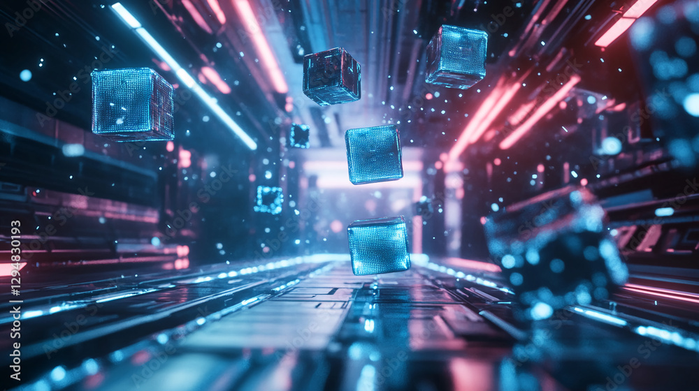 Poster Futuristic scene of glowing blue and red cubes floating in a digital space, symbolizing virtual reality, technology, and the concept of data transmission in a modern cyber world.