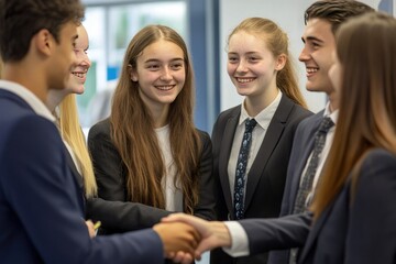 Students shaking hands, hallway, school, group, happy, education, collaboration, future, success, careers