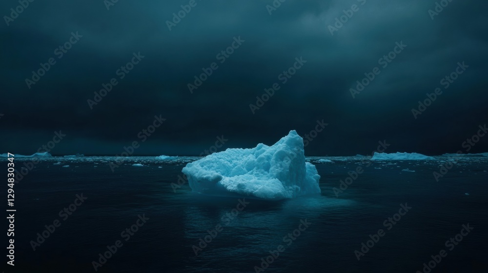 Aufkleber melting iceberg drifts in dark blue waters under an empty sky highlighting climate change effects. g