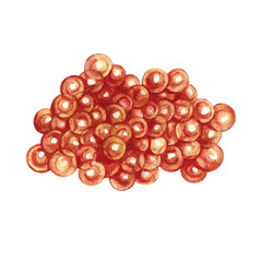 Red caviar. A hand-drawn watercolor illustration. Color image of seafood. Separate from the background. Perfect for menus, recipe books, packages, labels, and more.
