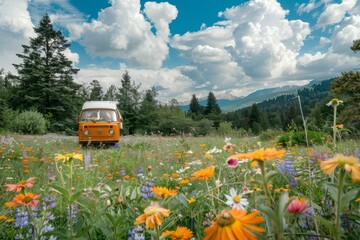A vintage camper van sits in a field of colorful wildflowers, with a picturesque mountain range in the background, A rustic camper van parked in a picturesque meadow with wildflowers all around