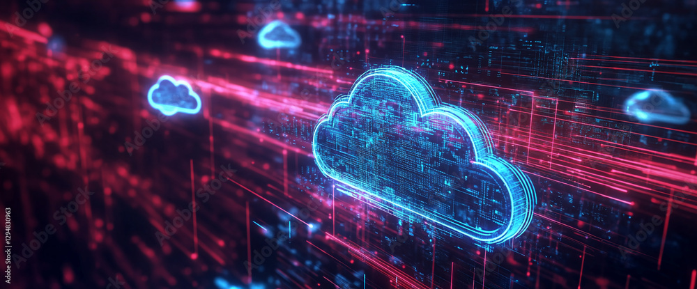 Poster futuristic digital clouds glowing in neon blue and pink colors, surrounded by glowing data lines, sy