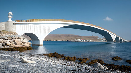 Fototapeta premium White Arch Bridge Over Water in Coastal Landscape
