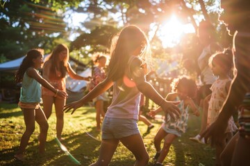 Fototapeta premium Children play in a park on a sunny day, enjoying the outdoors and each others company, Capture the spirit of community and togetherness during Labor Day festivities
