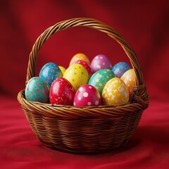Colorful Easter Egg Basket - Bright Painted Eggs in Wicker Basket for Festive Celebrations