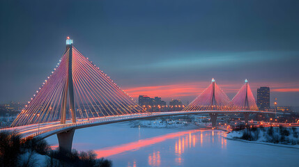 Fototapeta premium Winter Cable-Stayed Bridge at Sunset over Frozen River