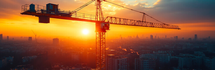 Crane sunset over city. A construction crane stands tall against a vibrant sunset, silhouetted by the city skyline in the background.
