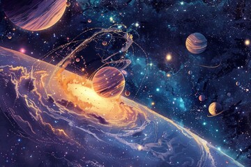 A digital illustration of a celestial scene with glowing planets and stars in a deep space setting, Sketch an otherworldly scene of celestial bodies dancing in space
