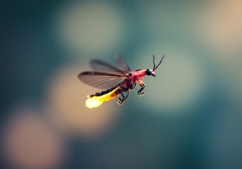 Firefly Flying with Glowing Light in the Night Bokeh Background