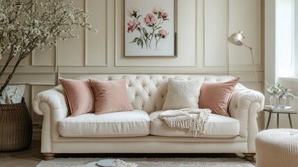 Fototapeta premium This delightful living room showcases comfortable sofas adorned with soft pastel pillows, complemented by vintage decorations that bring warmth and character to the space