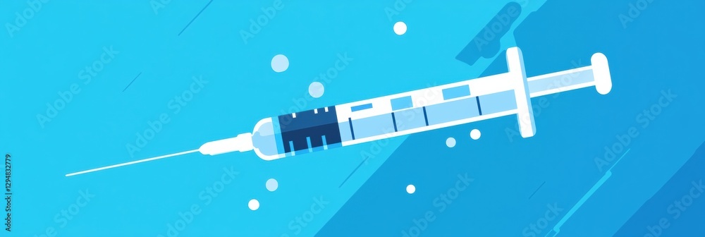 Poster Syringe with liquid resting on a bright blue background with bubbles indicating a clean and sterile environment. Generative AI
