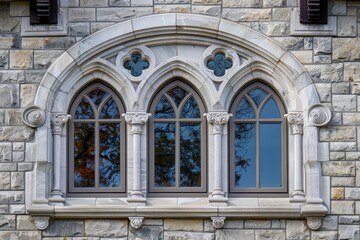 Fototapeta premium A close-up view of three arched windows with ornate keystones on a stone building facade, Arched windows with ornamental keystones and intricate trim