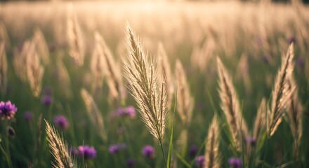 Fototapeta premium Golden Grass Field with Purple Wildflowers in Soft Evening Light