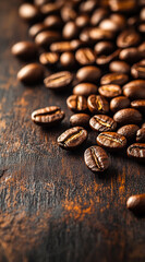 Fototapeta premium Coffee beans scattered on wooden surface. Freshly roasted coffee beans scattered on a rustic wooden table, highlighting rich textures in natural light.