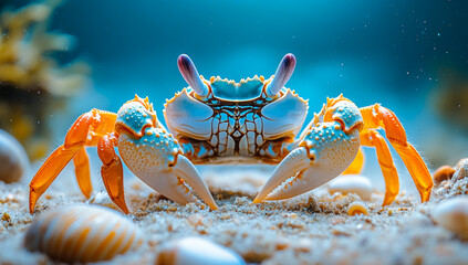 Fototapeta premium Crab discovering sandy ocean. A vibrant crab with orange claws moves among seashells on the sandy sea bed, surrounded by clear blue water.