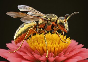 Golden Wasp Resting on Pink Flower with Yellow Center Close-up