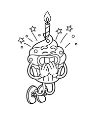 Birthday cupcake – happy dessert ready for a party. Line dark. Cartoon sticker in comic style with contour. Modern flat style vector illustration clipart.