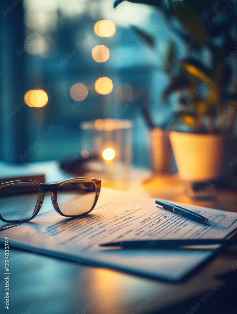 Poster cozy workspace setup with glasses, notes, and a warm candlelight in a softly lit room during evening